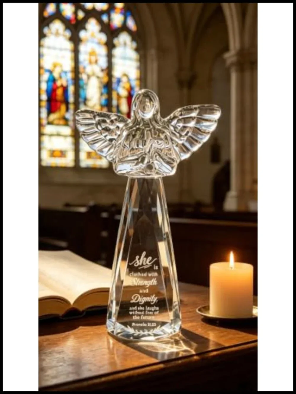 K9 Crystal Angel Figurine 6" Engraved Proverbs 31:25 Christian Gift_2